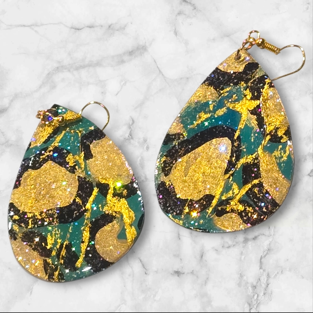 Hand Crafted Earrings Gold Turqoise Teardrop Leopard Print - E007 - Picture 2 of 3